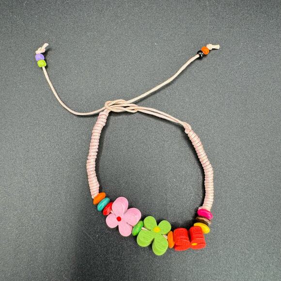 New Girls Multicolored Wood Flower Beads Adjustable Twine Friendship Bracelet - Picture 2 of 6